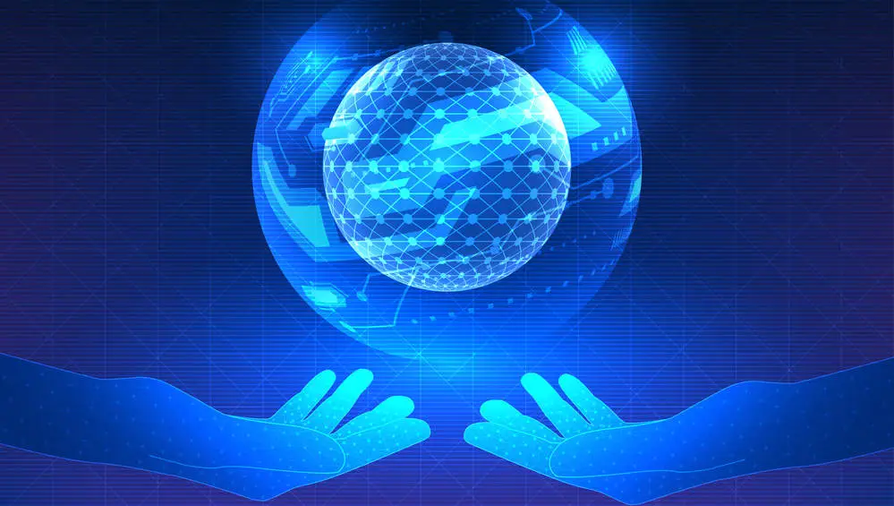 Hands reaching out technological lines