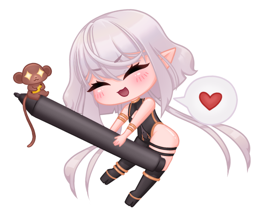 A chibi Nia Yume holding a stylus with a heart in a speech bubble and a small monkey holding a banana by Nia Yume.