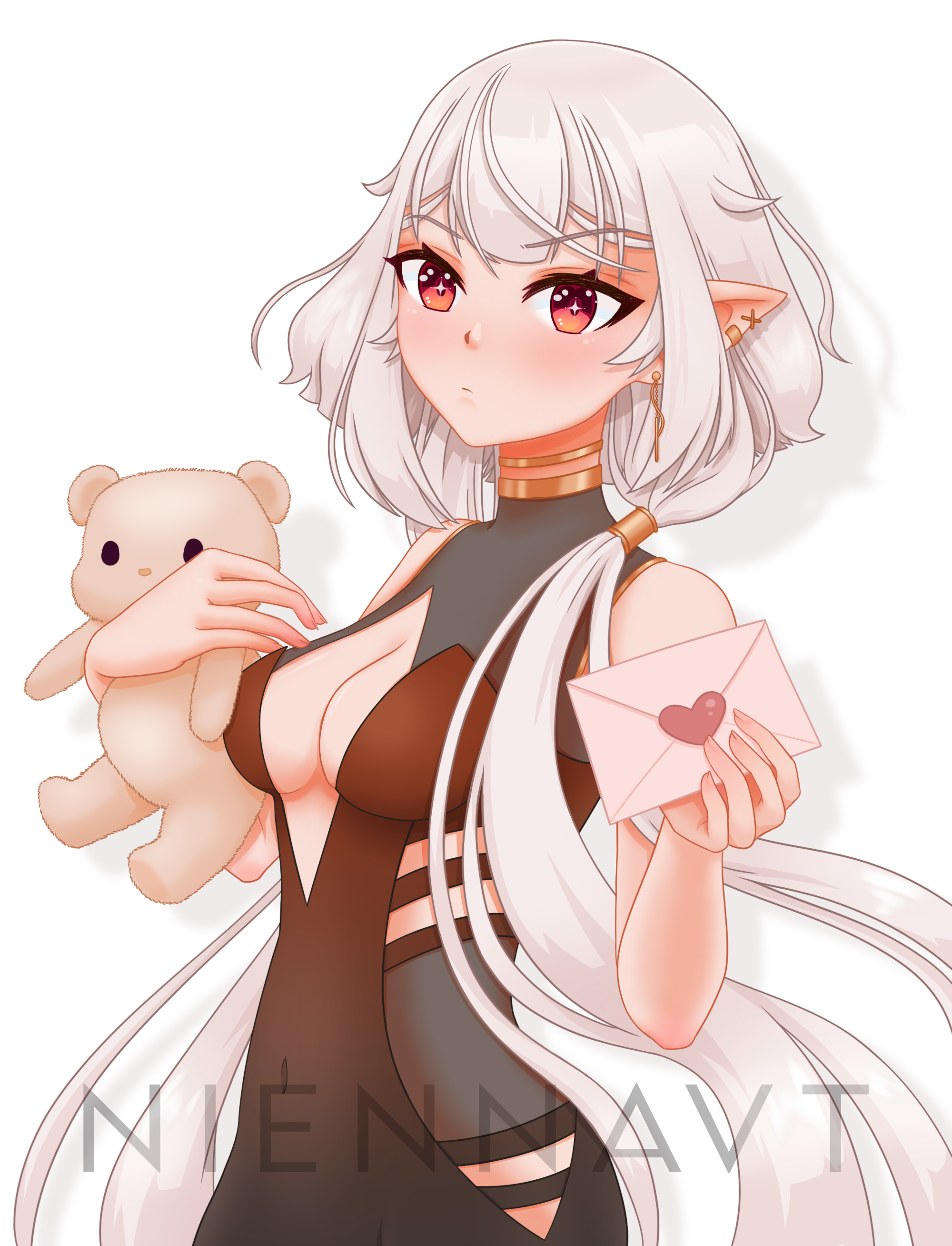 Nia Yume holding a Teddy bear and a love letter.