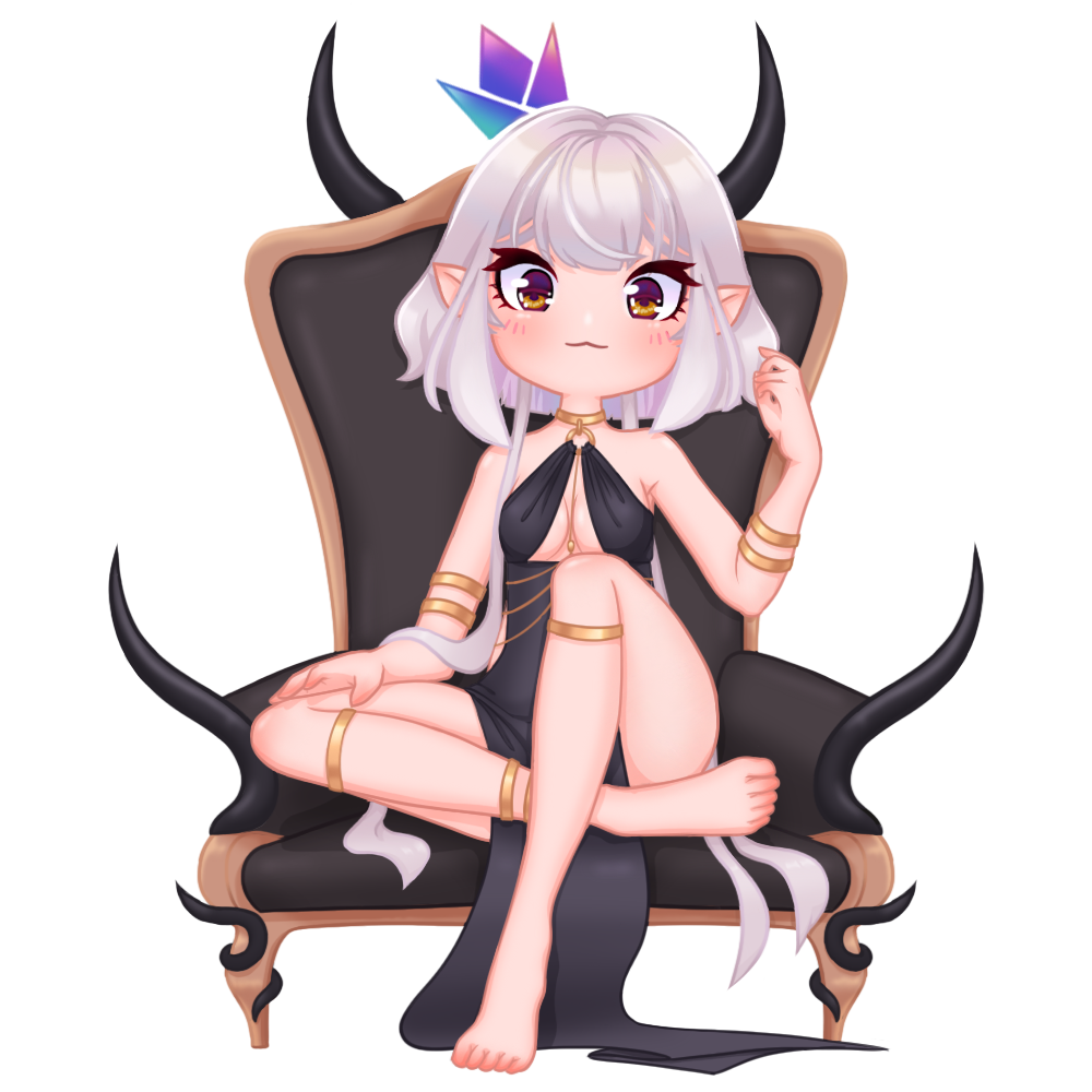 A chibi Nia Yume sitting on a Throne.