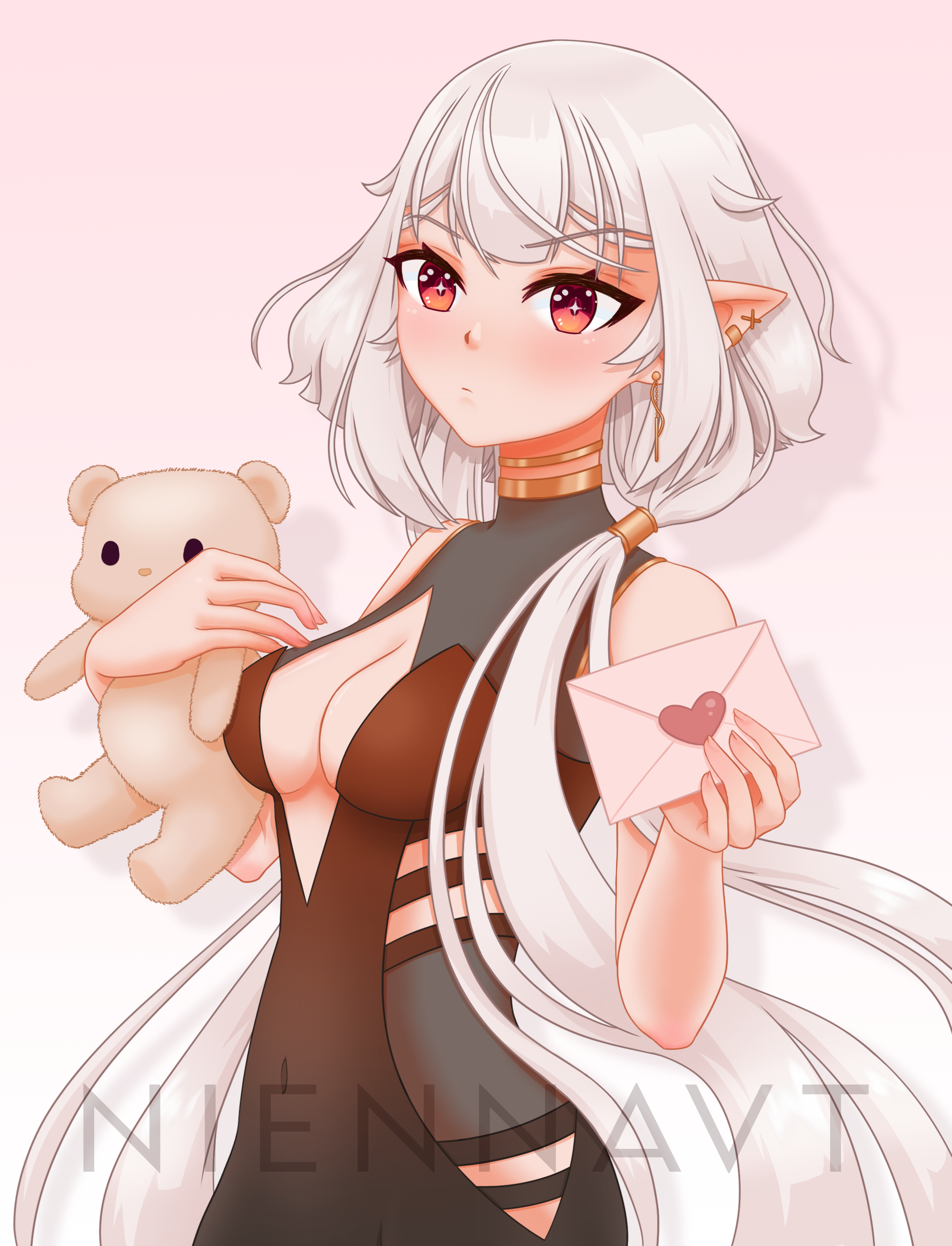 Nia Yume holding a Teddy bear and a love letter. Pink Background.