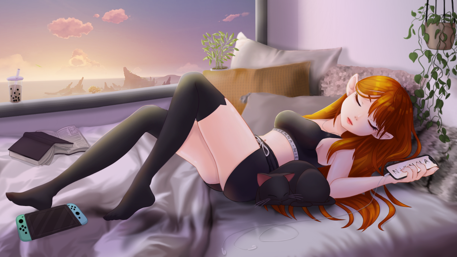 Long haired Ginger girl asleep on a bed, black cat curled up next to her. Sunset view through window.