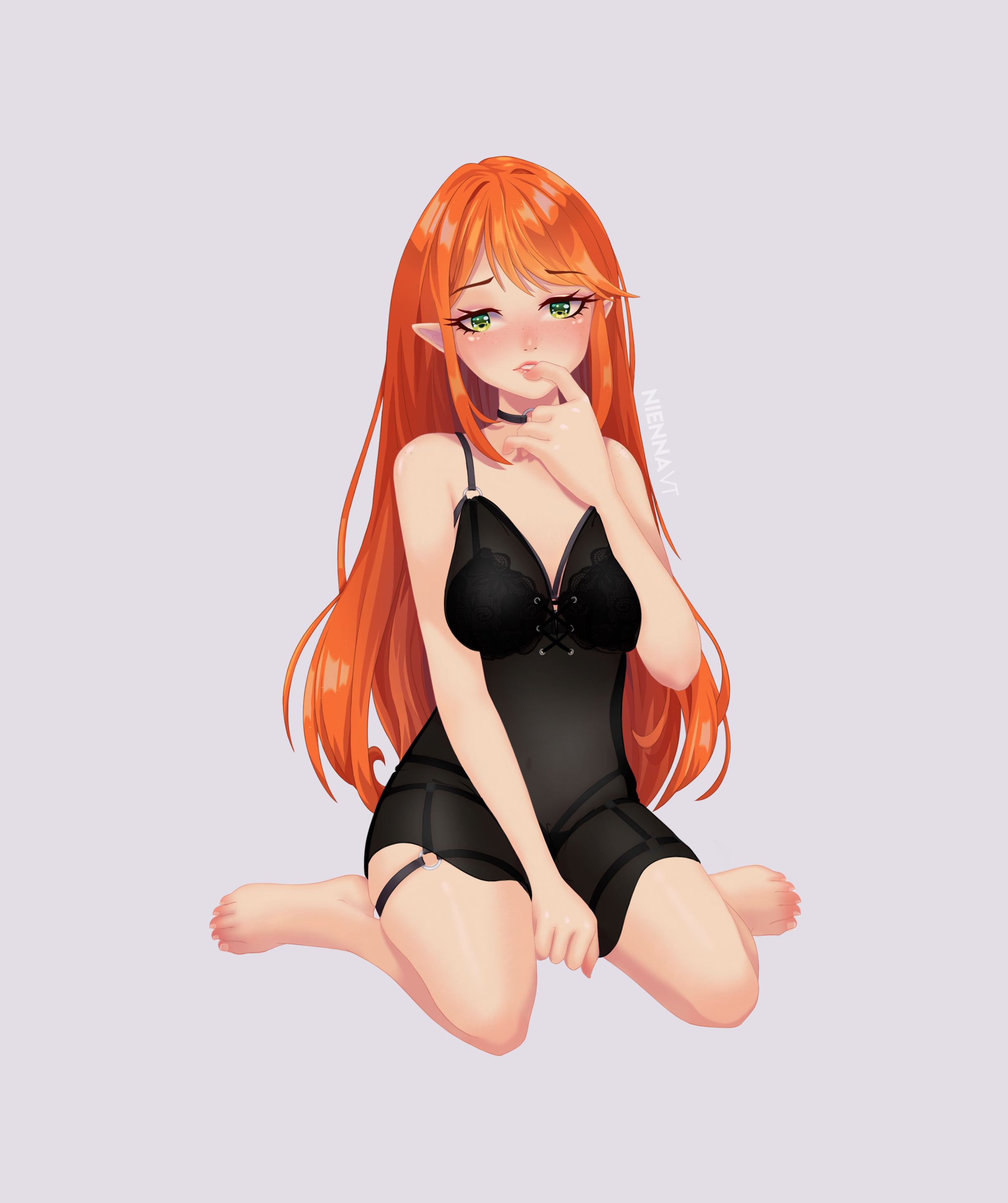 Long haired Ginger girl in Lingerie with a semi-see through covering.