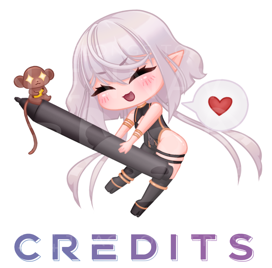 Twitch Panel Example Featuring a chibi Nia Yume holding a stylus with a heart in a speech bubble and a small monkey holding a banana, the word Credit is underneath. Art by Nia Yume.
