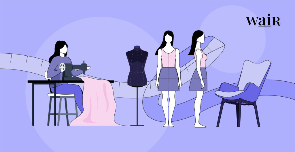 A shopper being sized for apparel, a scene the portrays the history of clothing sizes