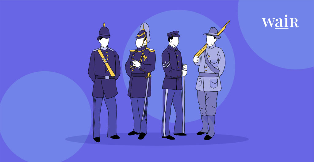 Soldiers wearing the first ever mass-produced clothing in the history of clothing sizes