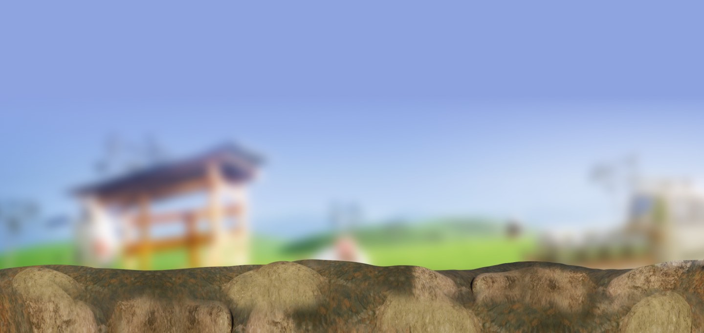 An organic farm scene with a stone fence that has five:am yoghurt resting on top of it