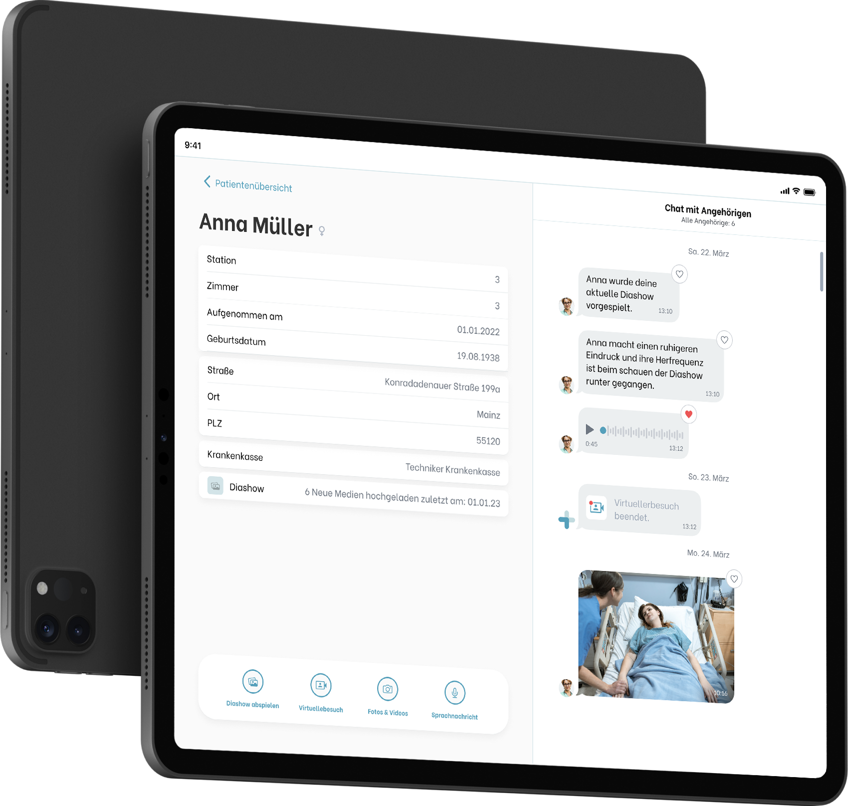 A Mockup, that show a multi-media tablet with the IntensivKontakt Nurses-Platform