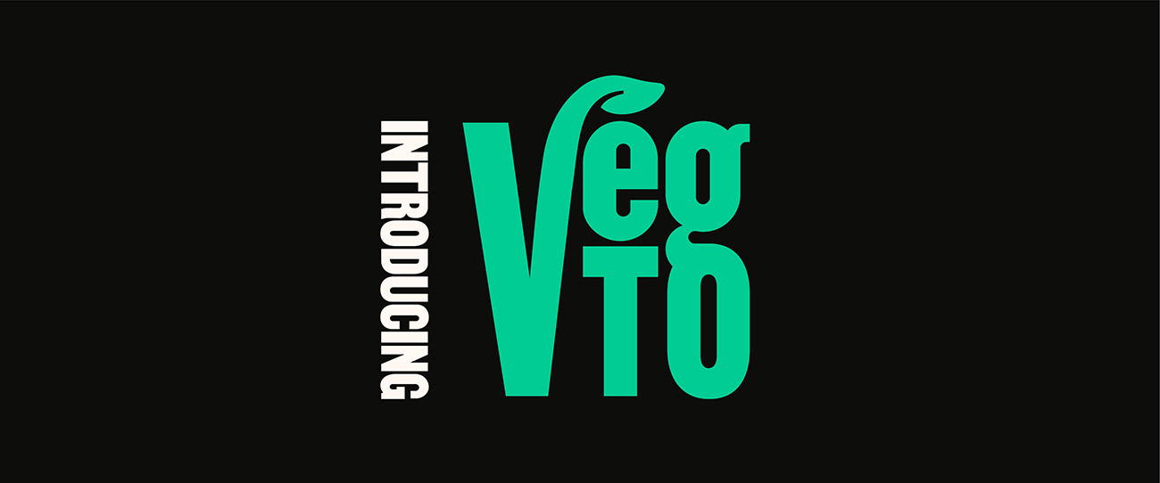 The VegTO logo in green on a black background proceeded by 'introducing' written horizontally