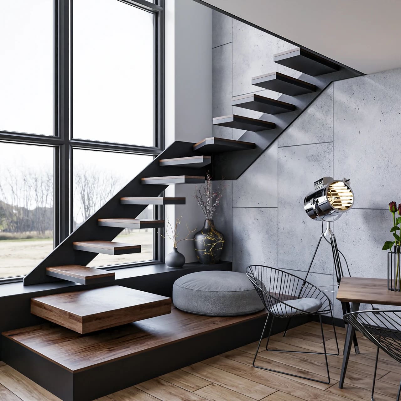 Visualisierung Wohnzimmer und Treppe
