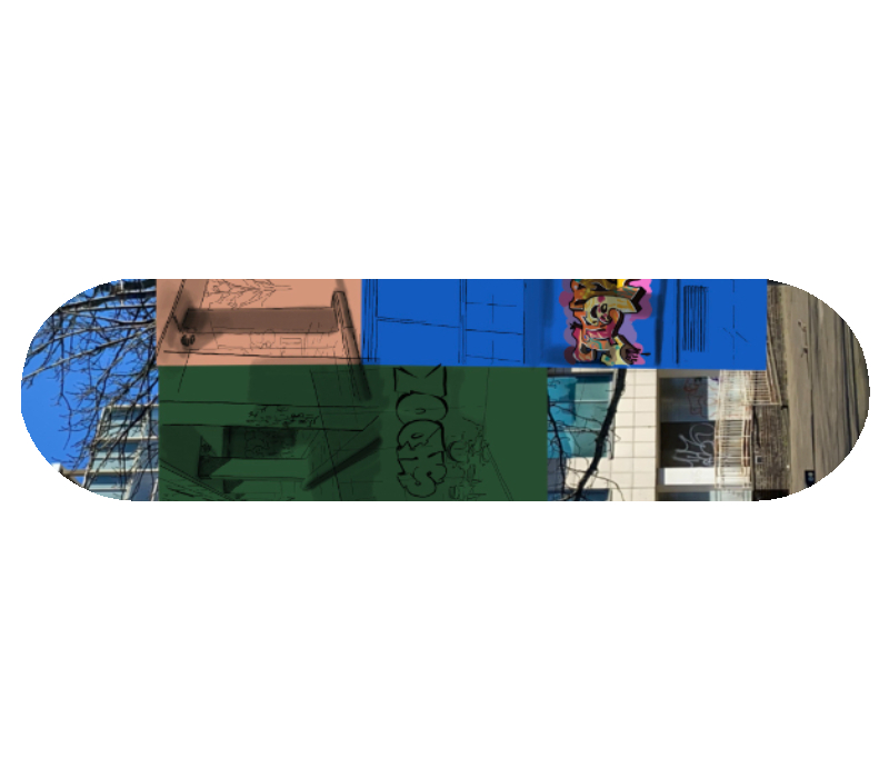 Skateboard design featuring illustration.
