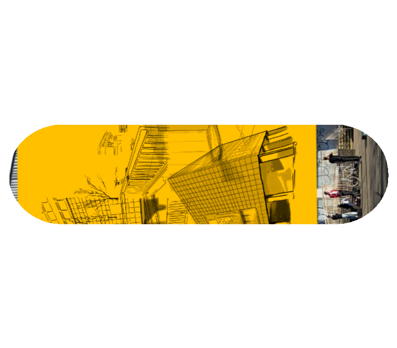 Skateboard design featuring illustration.