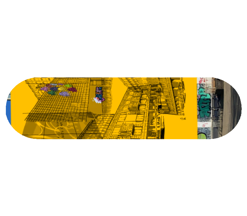 Skateboard design featuring illustration.