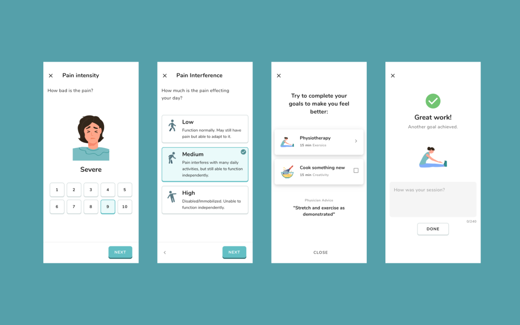 Pain diary screens showing how the user can input their pain and interference scores.