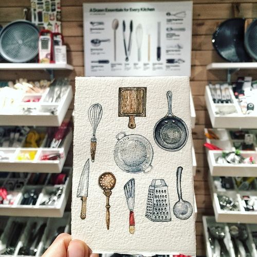 Kitchen utensils illustration in front of kitchen utensils shop