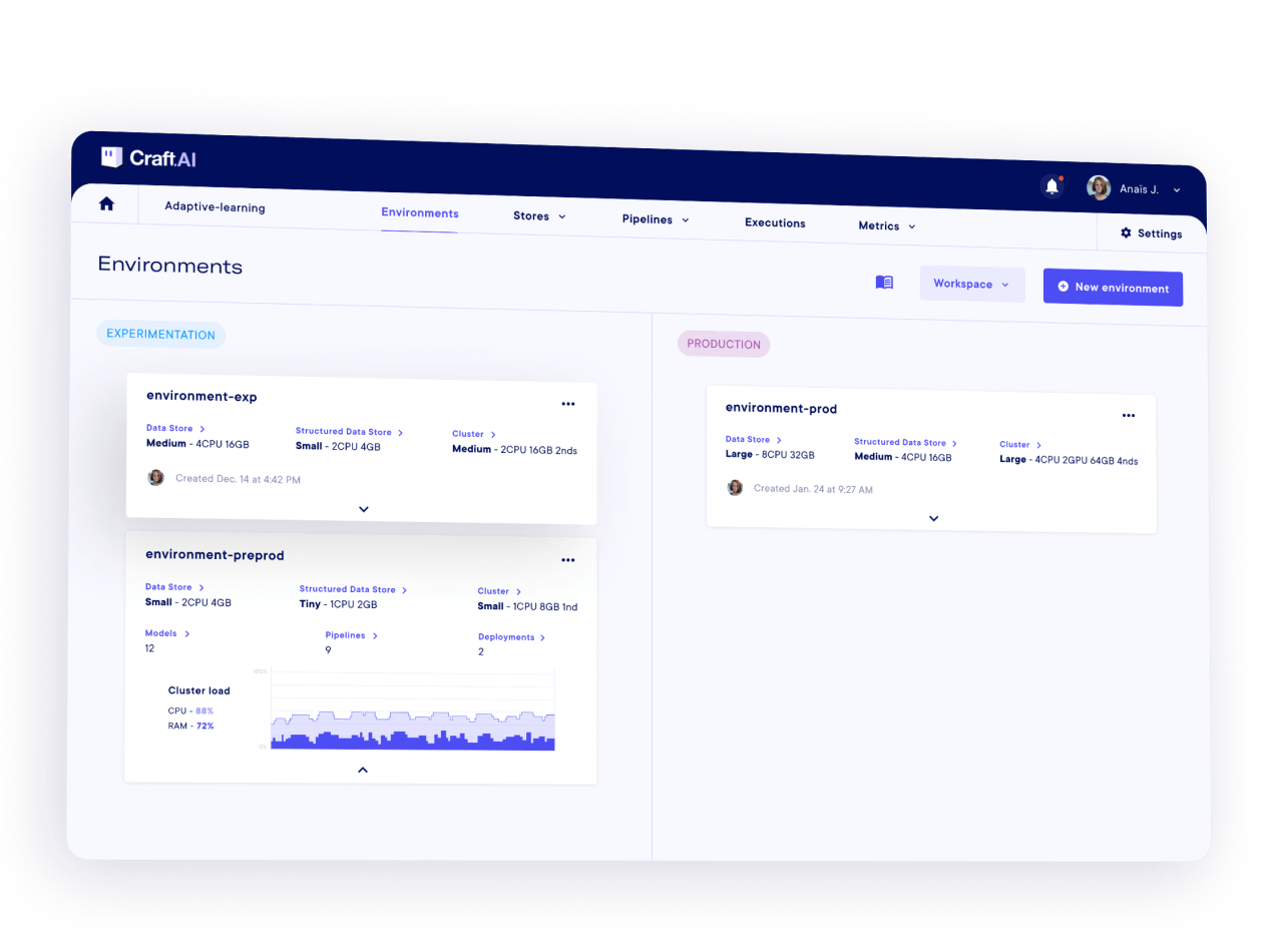 Environnements - Capture d'écran de la plateforme de MLOps