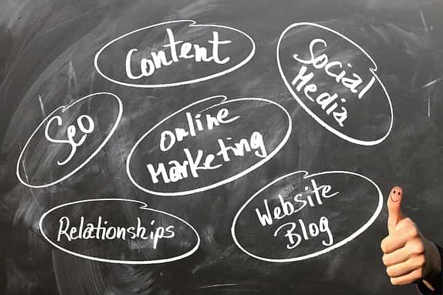 différents types de marketing digital écrit sur un tableau noir et blanc à la craie