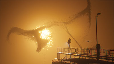 A humanoid figure stands at the end of a platform and looks at a sandy abstract shape forming in front of a yellow orange glowing light.
