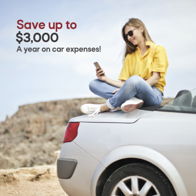 Girl in yellow shirt sitting on her car happy with how much she's saved on her car expenses
