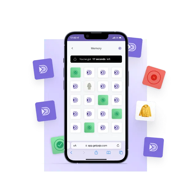 PAJO mobile app showing Memory game.
