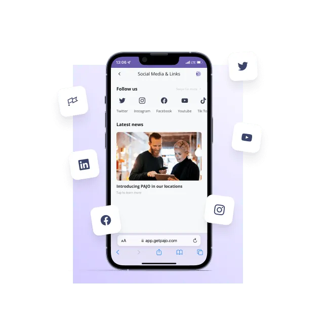PAJO mobile app with social media channels.