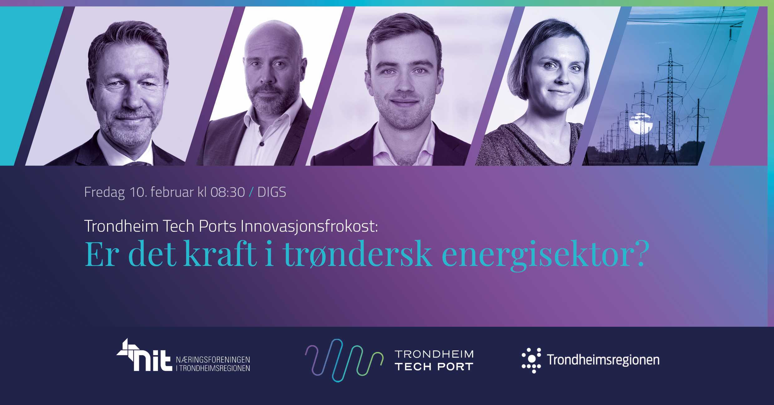 Bilder av innlederne på innovasjonsfrokosten Er det kraft i trøndersk energisektor? Fra venstre: olje- og energiminister Terje Aasland, Thomas Bjørdal fra Renergy, Tormod Svorkdal fra Impello og Gøril Forbord fra ANEO.