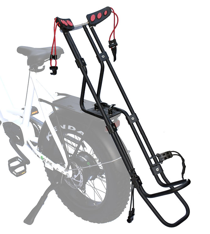 Golf bag rack Our detachable golf bag holder secures any size golf bag to your ebike.