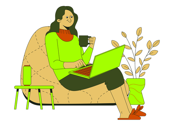 Ilustração de mulher sentada tomando café e usando o notebook