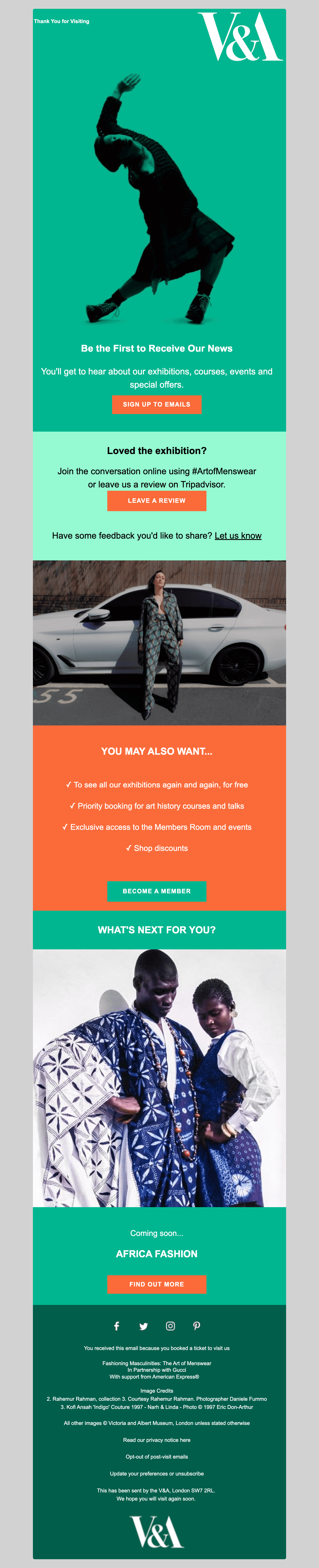 After-visit email from Victoria and Albert Museum.