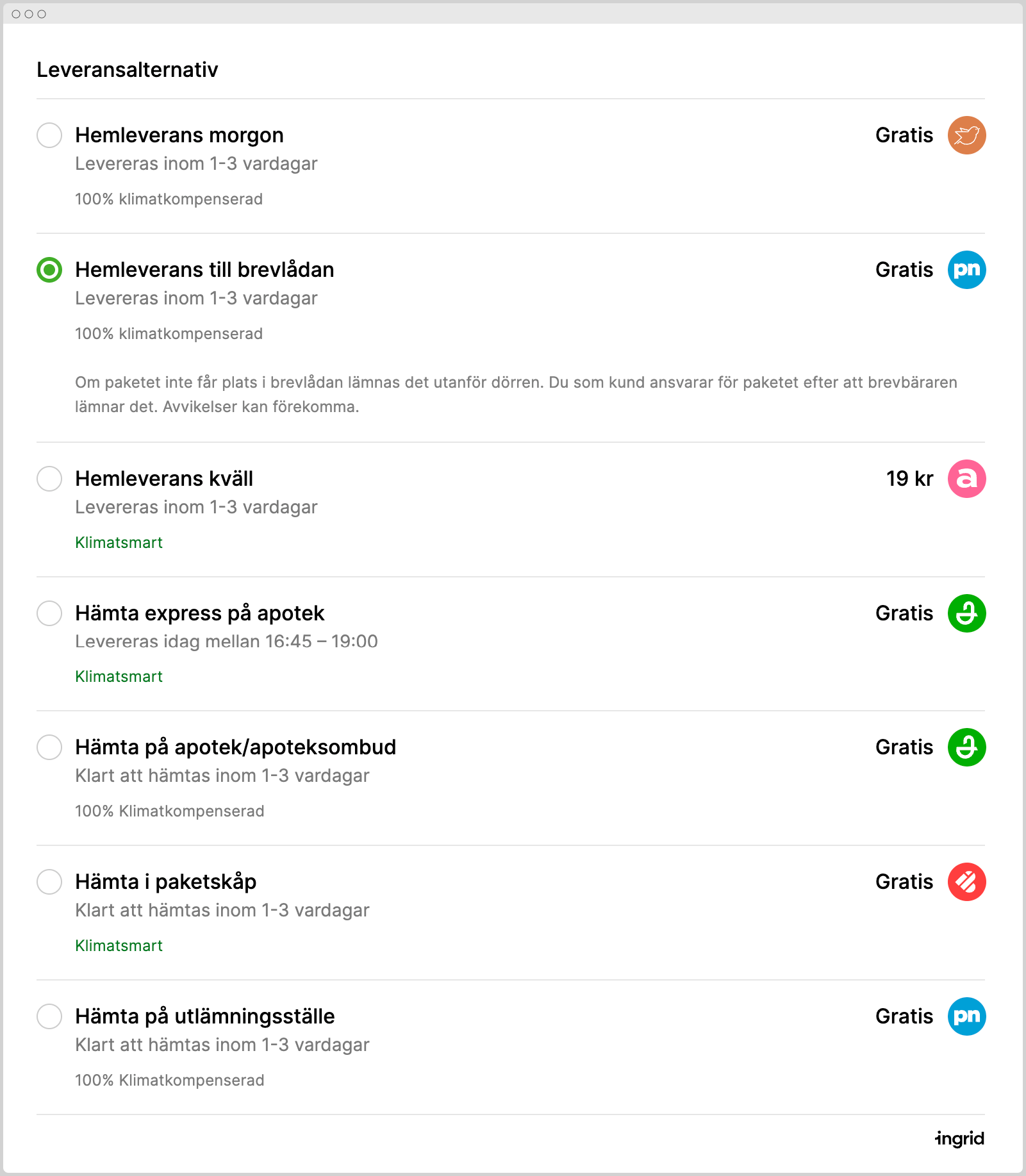 Ingrid Delivery Checkout example with climate-compensated options from Apoteket.