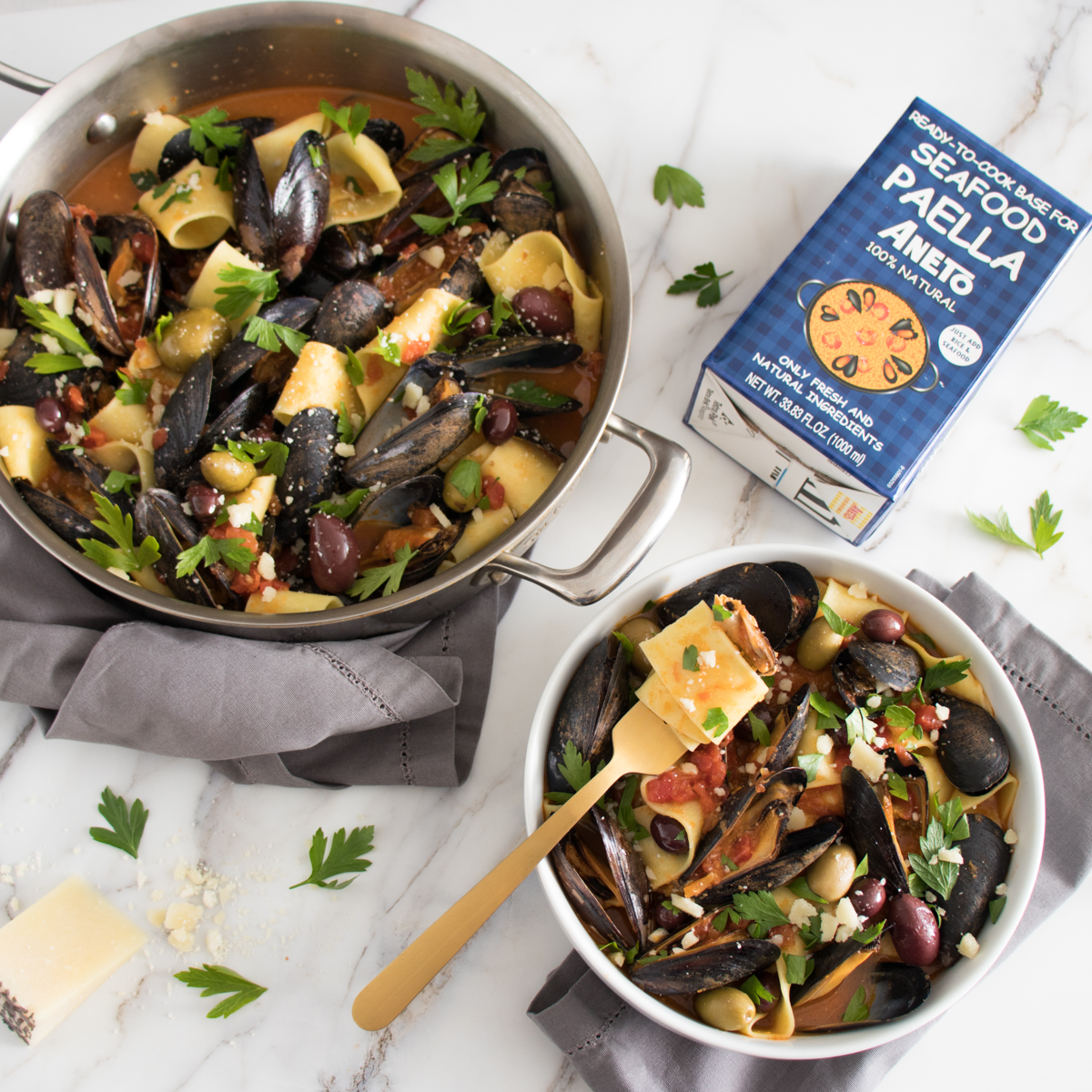 Mussels, Sherry, and Olive Pappardelle