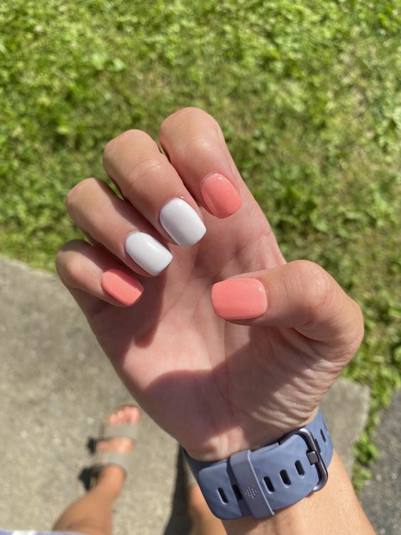 Coral Pink and White Nails