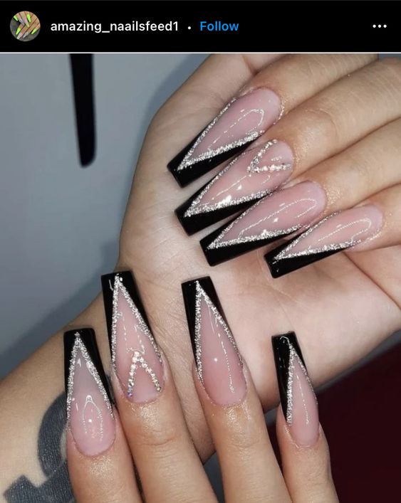 Black French Tips with Rhinestones