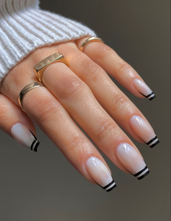 Black French Tips with Stripes