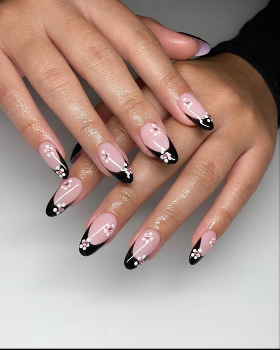 Black French Tips with Flowers