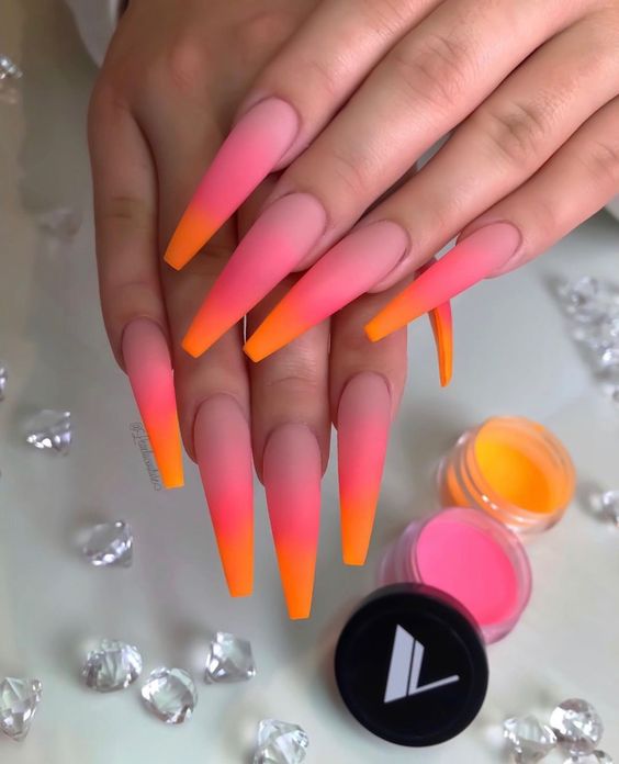 Pink and Orange Coffin Nails