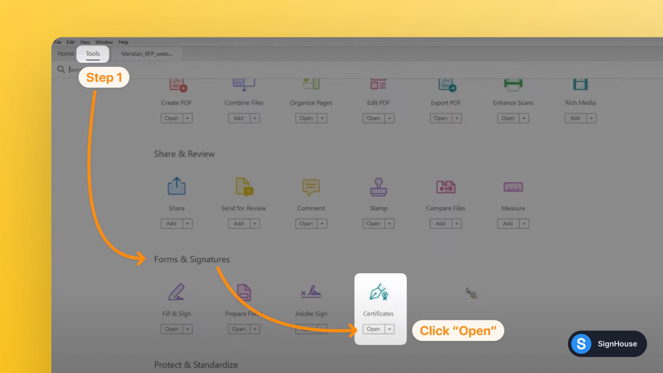 Highlighting the Certificates option under the Forms & Signatures section