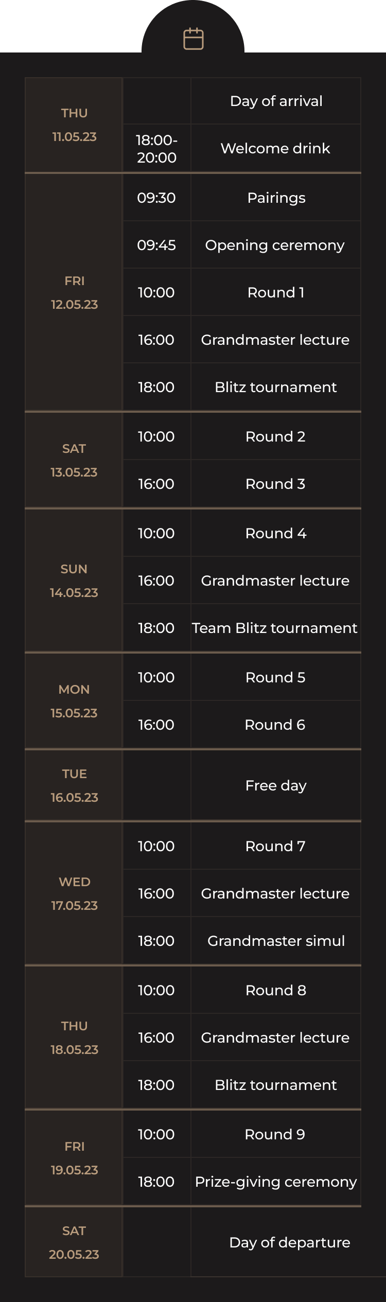 Table with tournament schedule