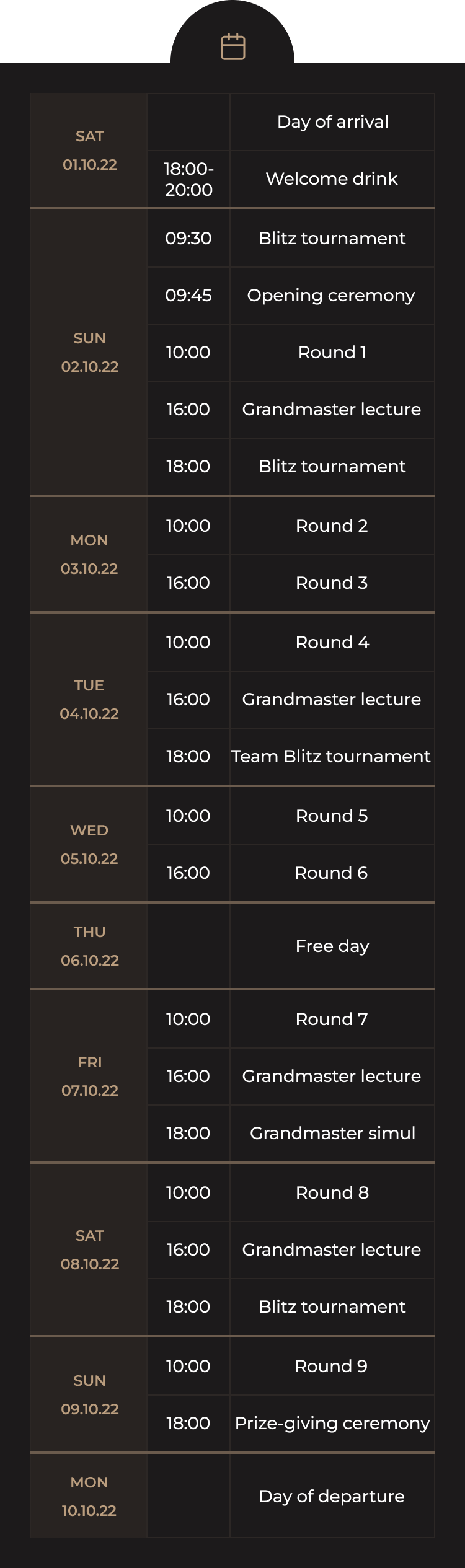 Table with tournament schedule