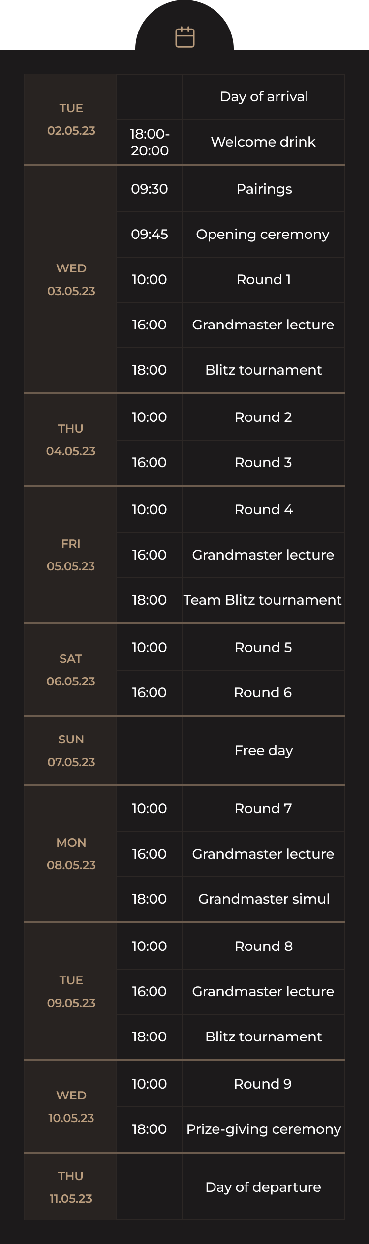 Table with tournament schedule
