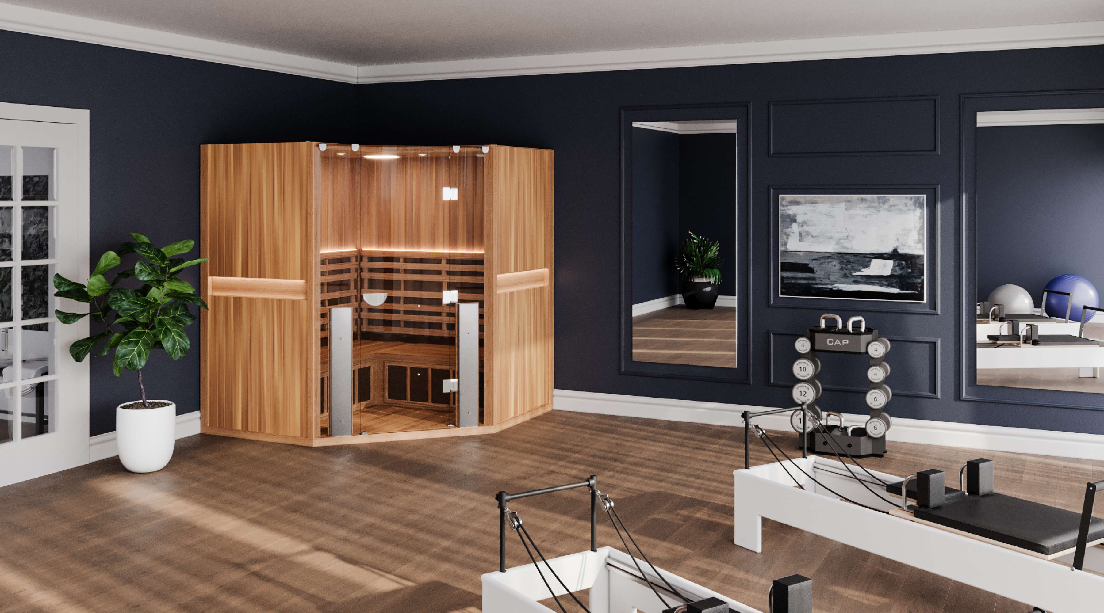 Boutique gym room with wooden floors and pilates reformer machines, and a Clearlight Sanctuary Corner model Infrared Sauna.