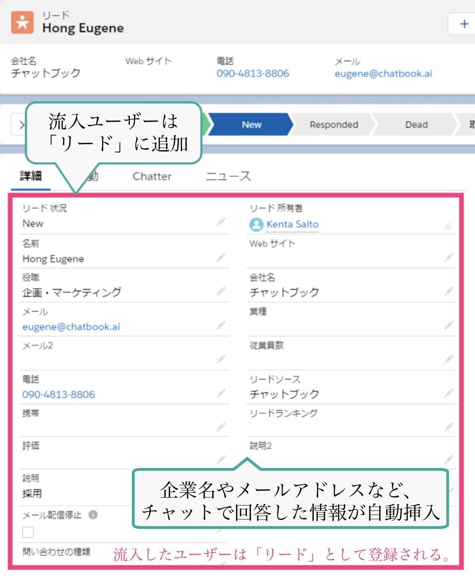 チャットボットが獲得したリード情報はリアルタイムでSalesforceに保存。