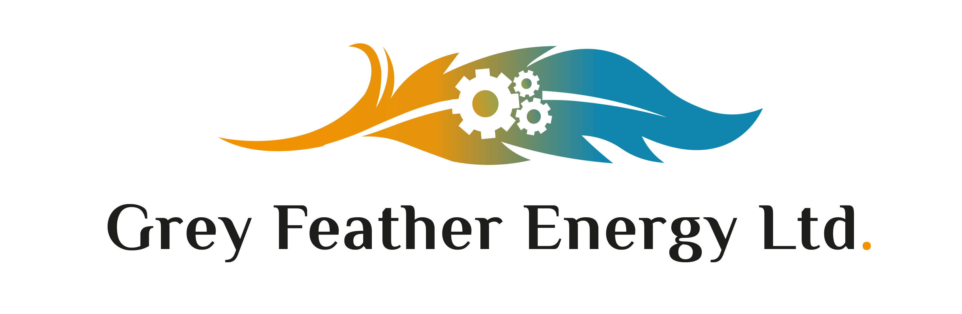 GreyFeather Energy Logo A feather in the gradient shades from orange to blue with gears embedded in the feather