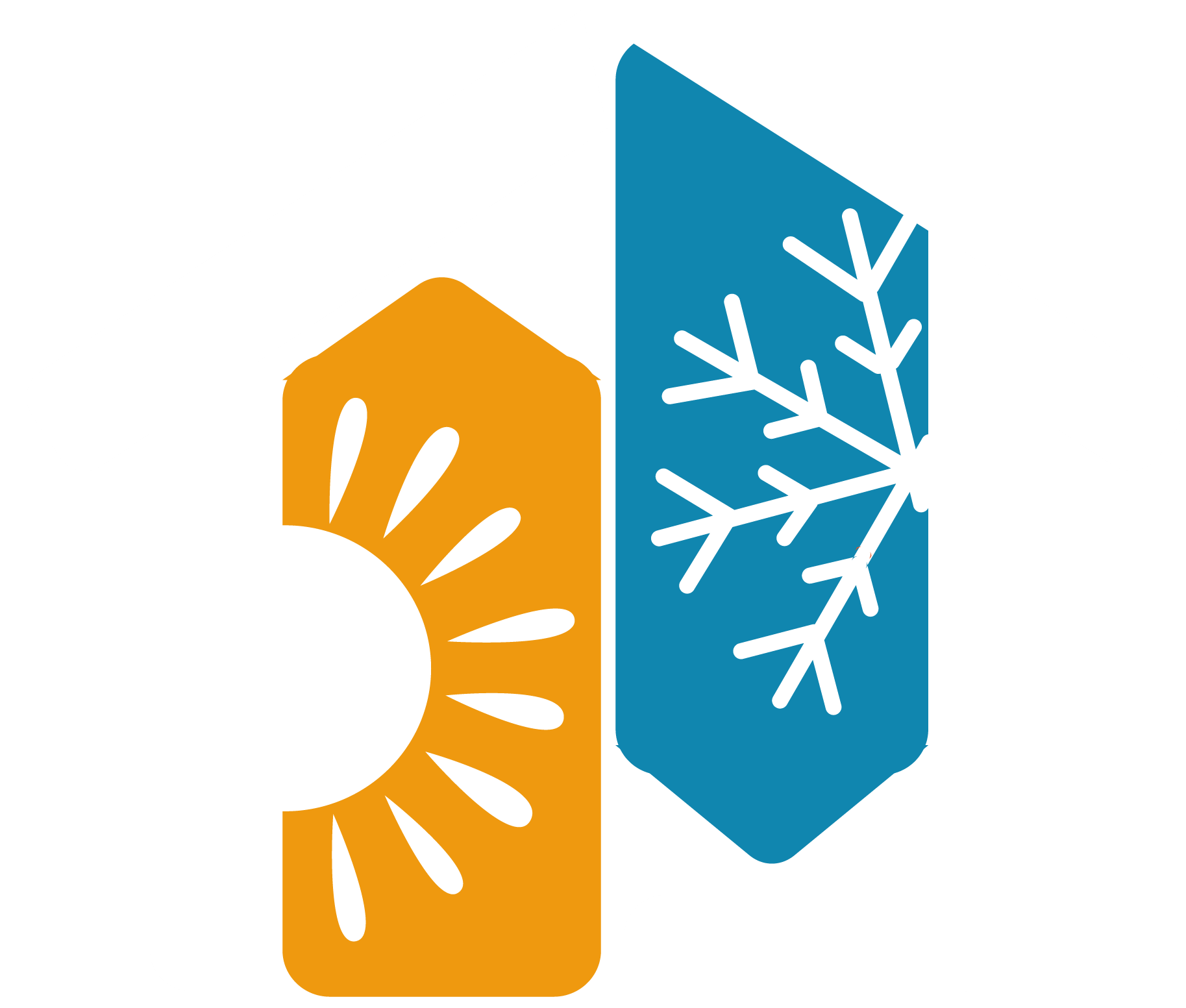 A cute home icon with summer banner covering one half and winter banner covering other half of home indicating year round service for heating and cooling systems