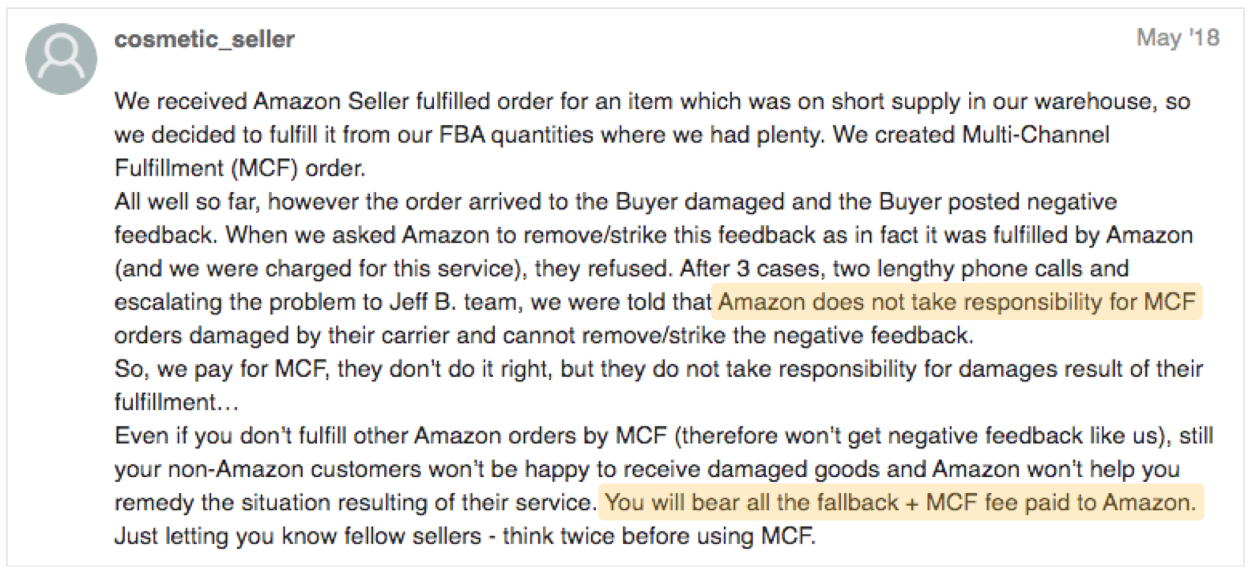 complaint by an fba mcf seller whose items got damaged