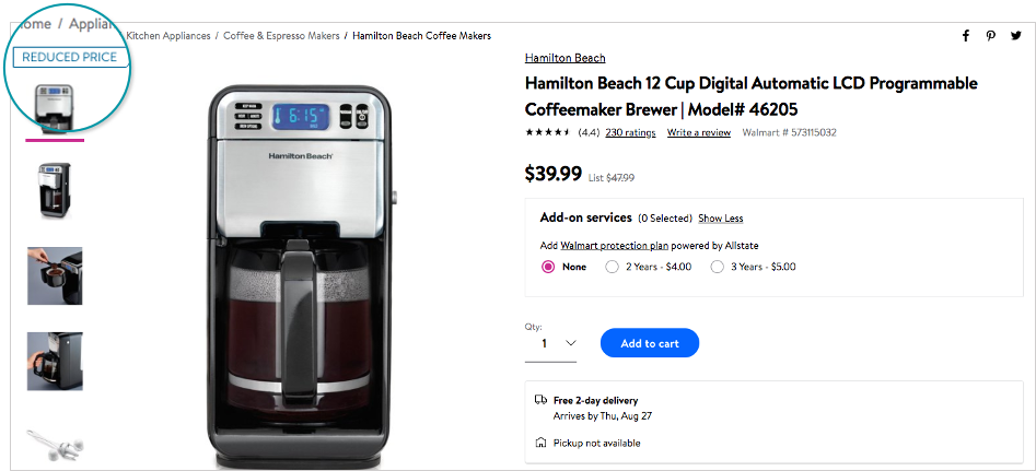 screenshot of a reduced price tag on Walmart
