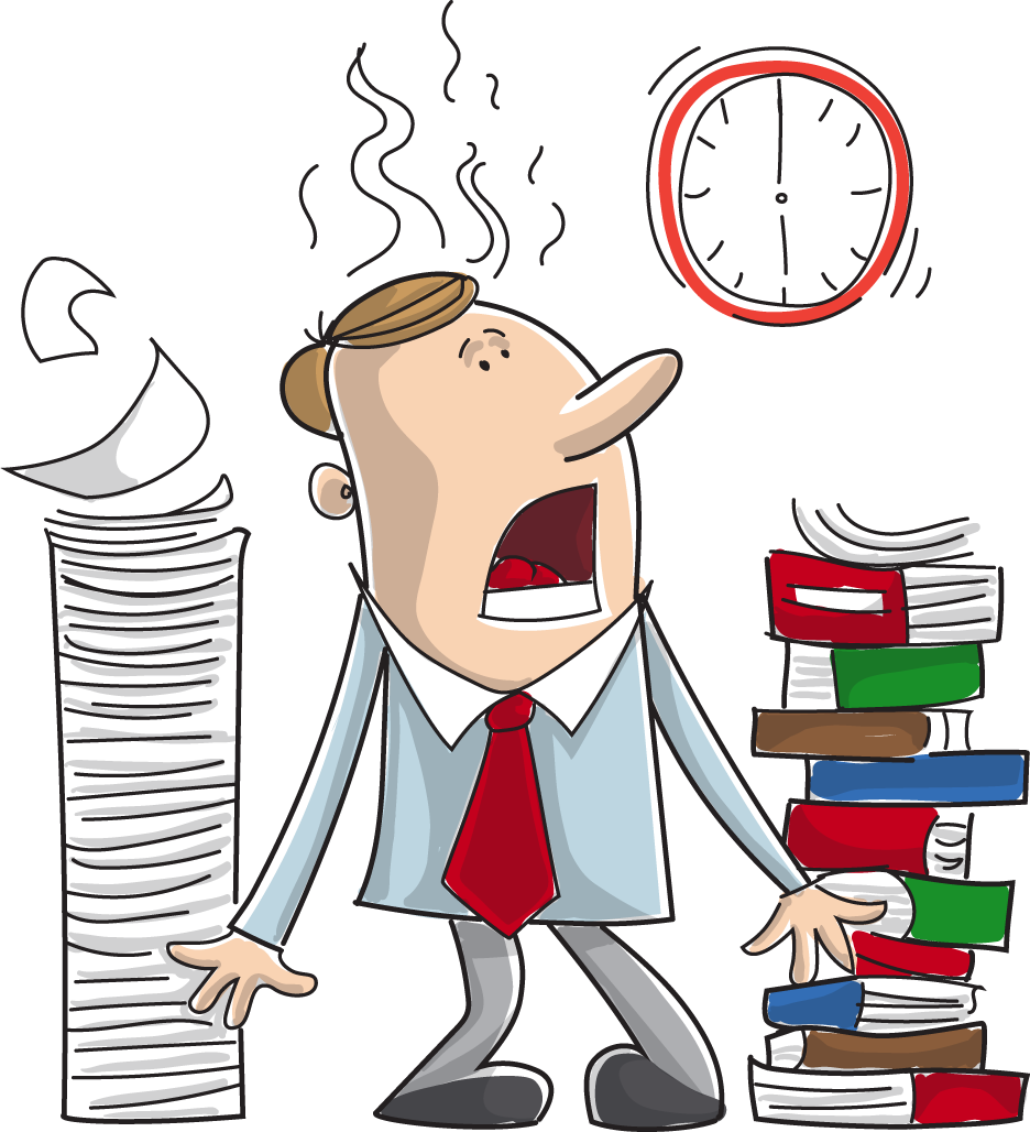 cartoon of man looking overwhelmed