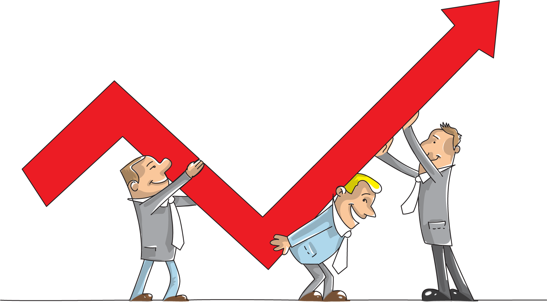 Cartoon of three persons lifting a big red upward arrow