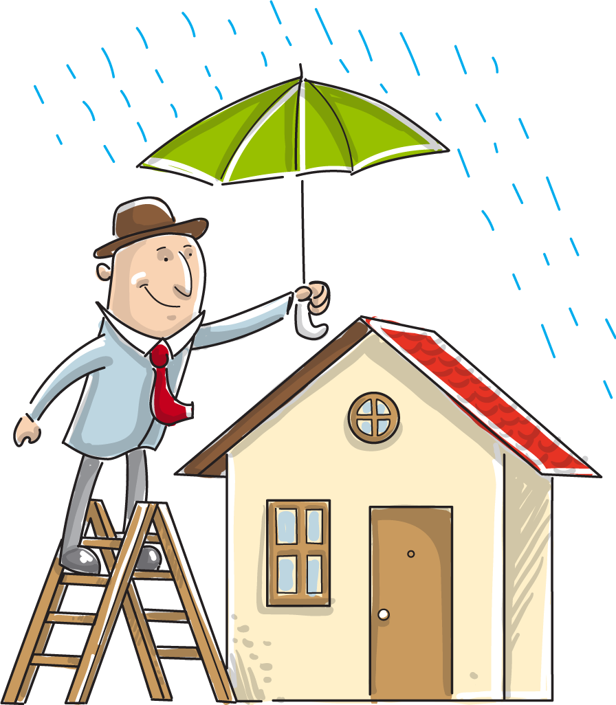 Cartoon of a man standing on a ladder holding an umbrella over a house to protect it from the rain