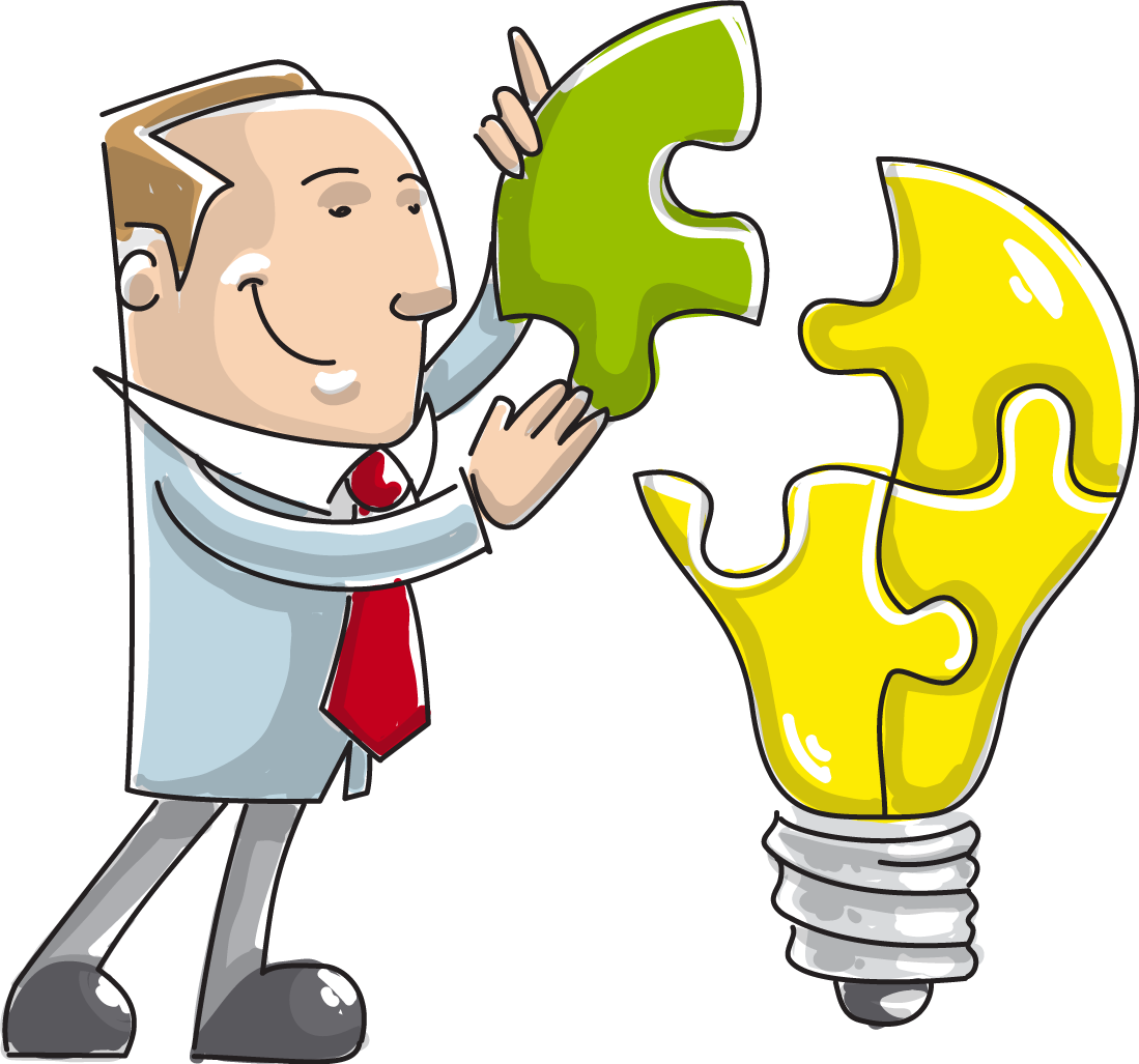 cartoon of man adding a piece to a puzzle shaped like a light bulb